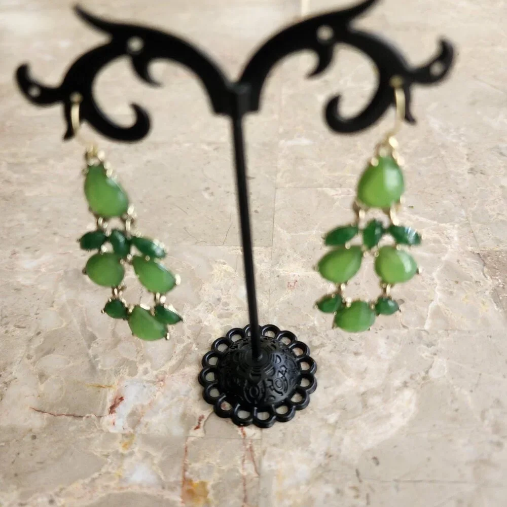 Stony Tear Drop Two Tone Green Stone Fashion Earrings